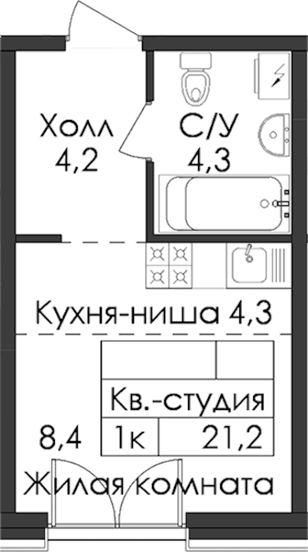 Квартира студия 21.2 м², 7/9 эт., ЖК «Лермонтовский 54»